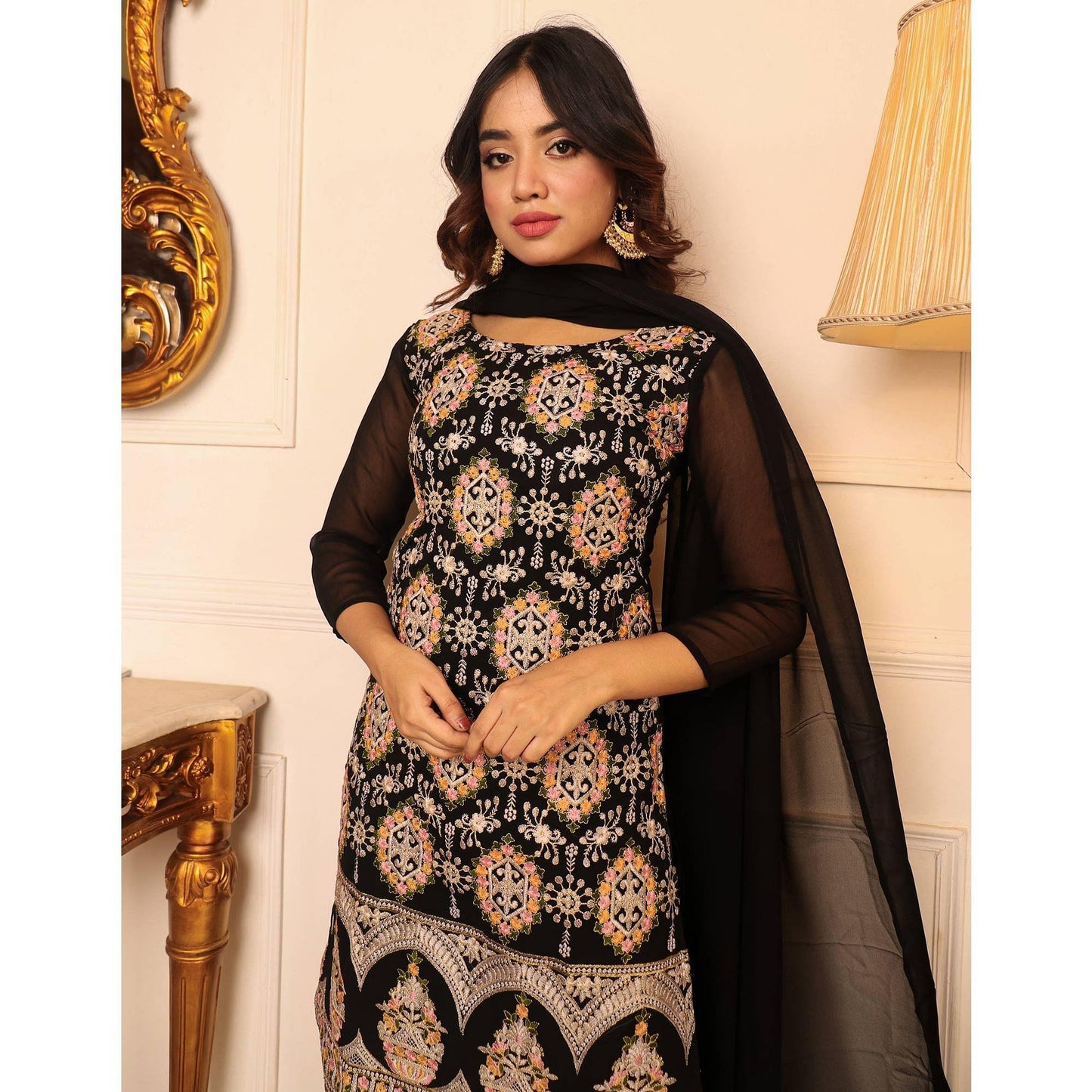 Black Floral Embroidered Georgette Kurti Pant Set With Dupatta