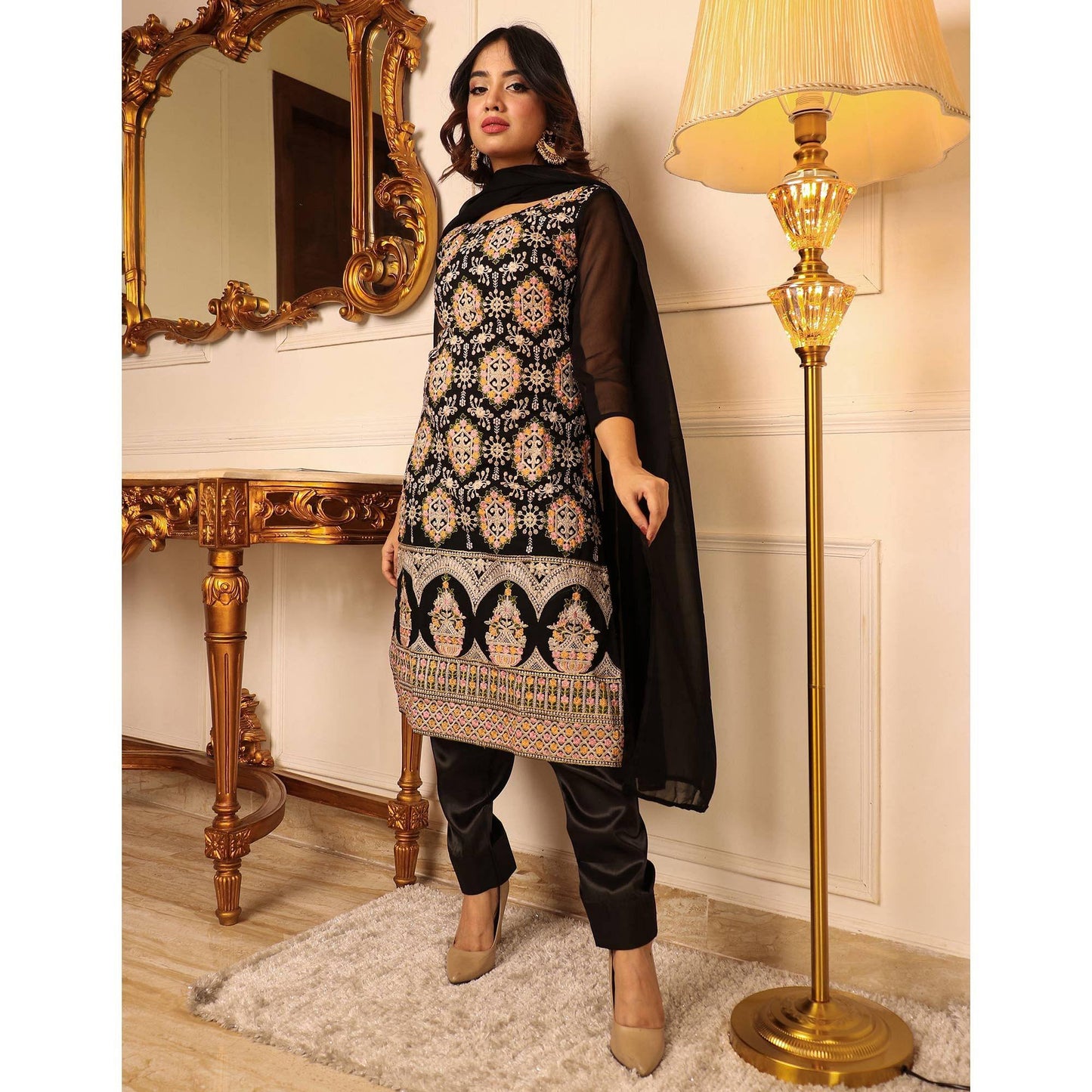 Black Floral Embroidered Georgette Kurti Pant Set With Dupatta