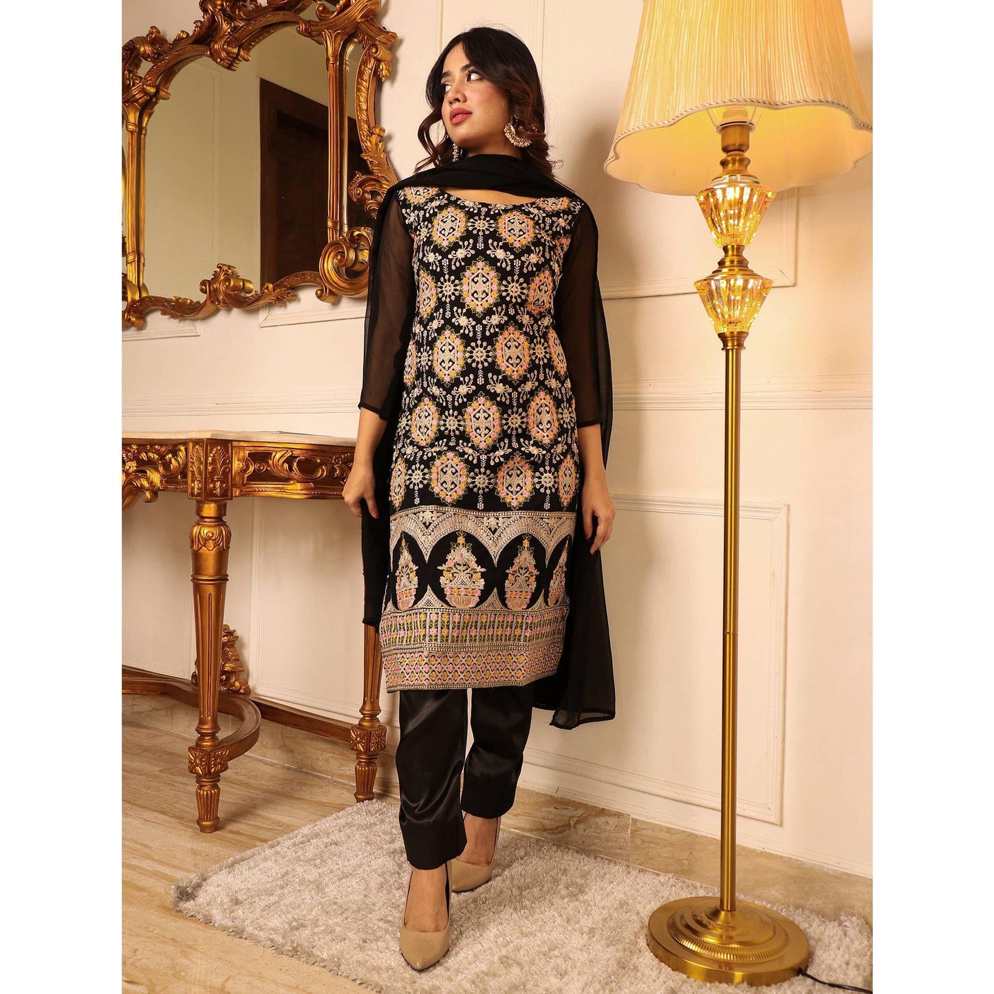 Black Floral Embroidered Georgette Kurti Pant Set With Dupatta