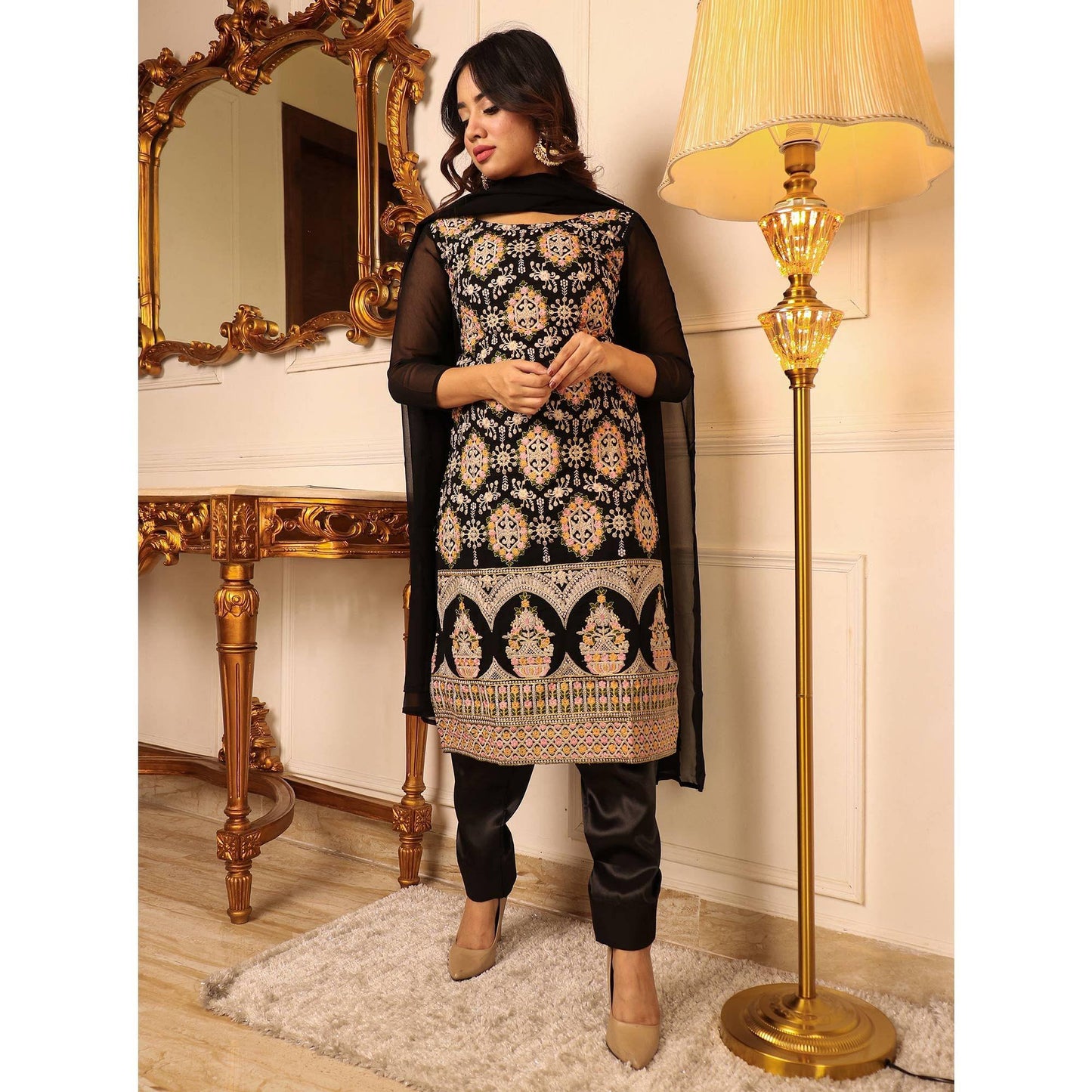 Black Floral Embroidered Georgette Kurti Pant Set With Dupatta