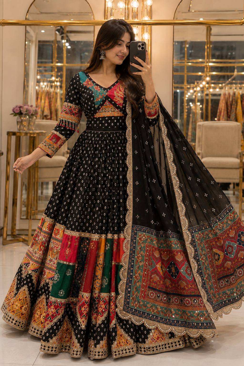 Model Taking A Mirror Selfie In Black Heavy Muslin Cotton Beautiful Digital Print & Real Mirror Work Navratri Lehenga Choli Set By The Beauty Queen