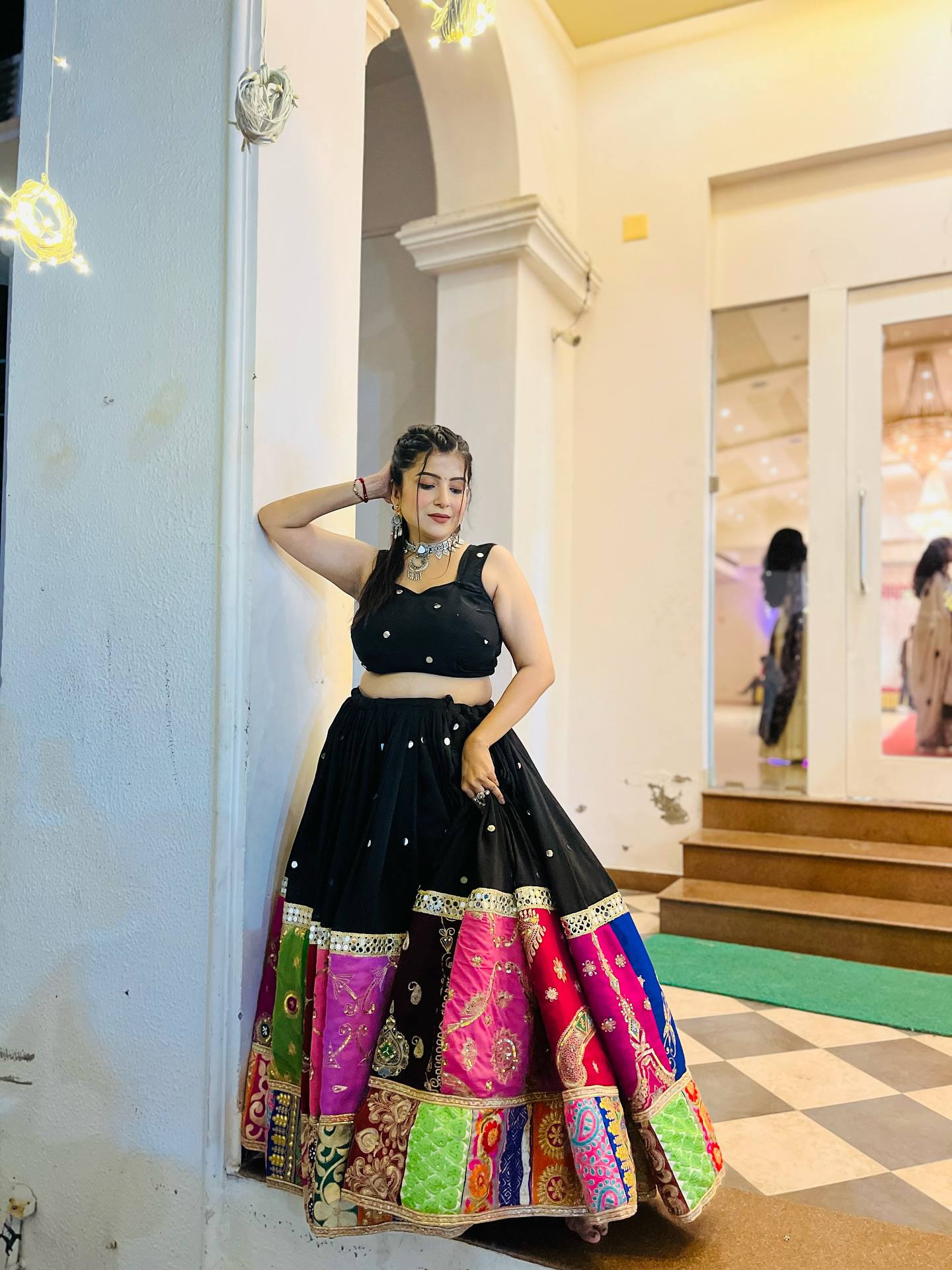 Black Heavy Muslin Cotton Navratri Lehenga Choli Featuring Real Mirror Work And Multi-Color Digital Print Border By The Beauty Queen
