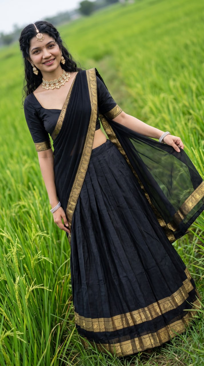 Black Kanci Cotton Zari Weaving Work South Indian Half Saree Langa Voni Set flat lay view by The Beauty Queen