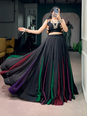 Model wearing Black Lightweight Georgette Traditional Gamthi Work And Enhanced With Kodi Navratri Lehenga Choli Set by The Beauty Queen