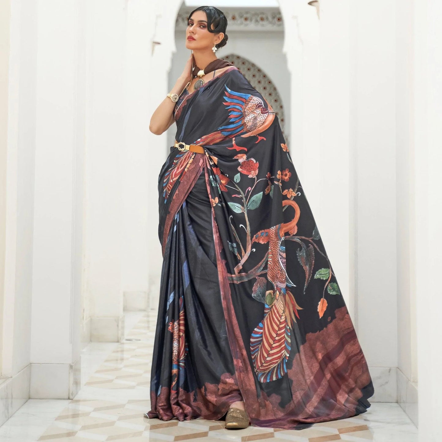 Black  Partywear Floral Digital Printed Silk Saree