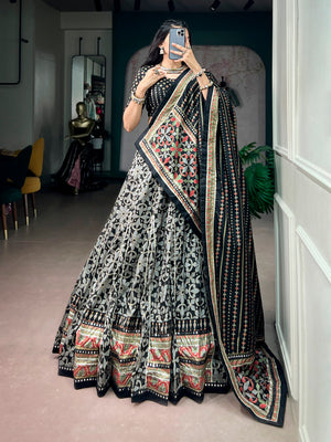 Model wearing Classic Black Tasar Silk With Iconic Sparkle With Lace Border Navratri Lehenga Choli Set by The Beauty Queen