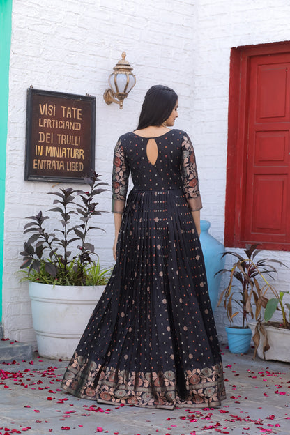 Black Color Floral Printed Round Neck Maxi Dress