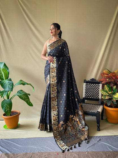 Black Soft Silk Gold Zari Weaving All Over Having Rich Weaving Saree