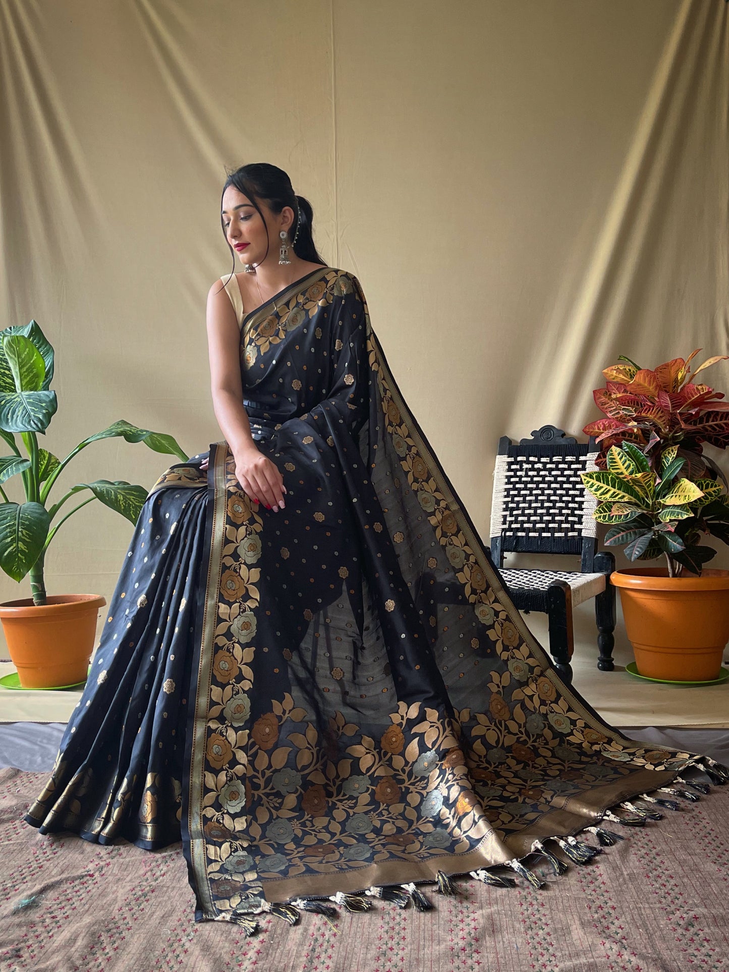 Black Soft Silk Gold Zari Weaving All Over Having Rich Weaving Saree