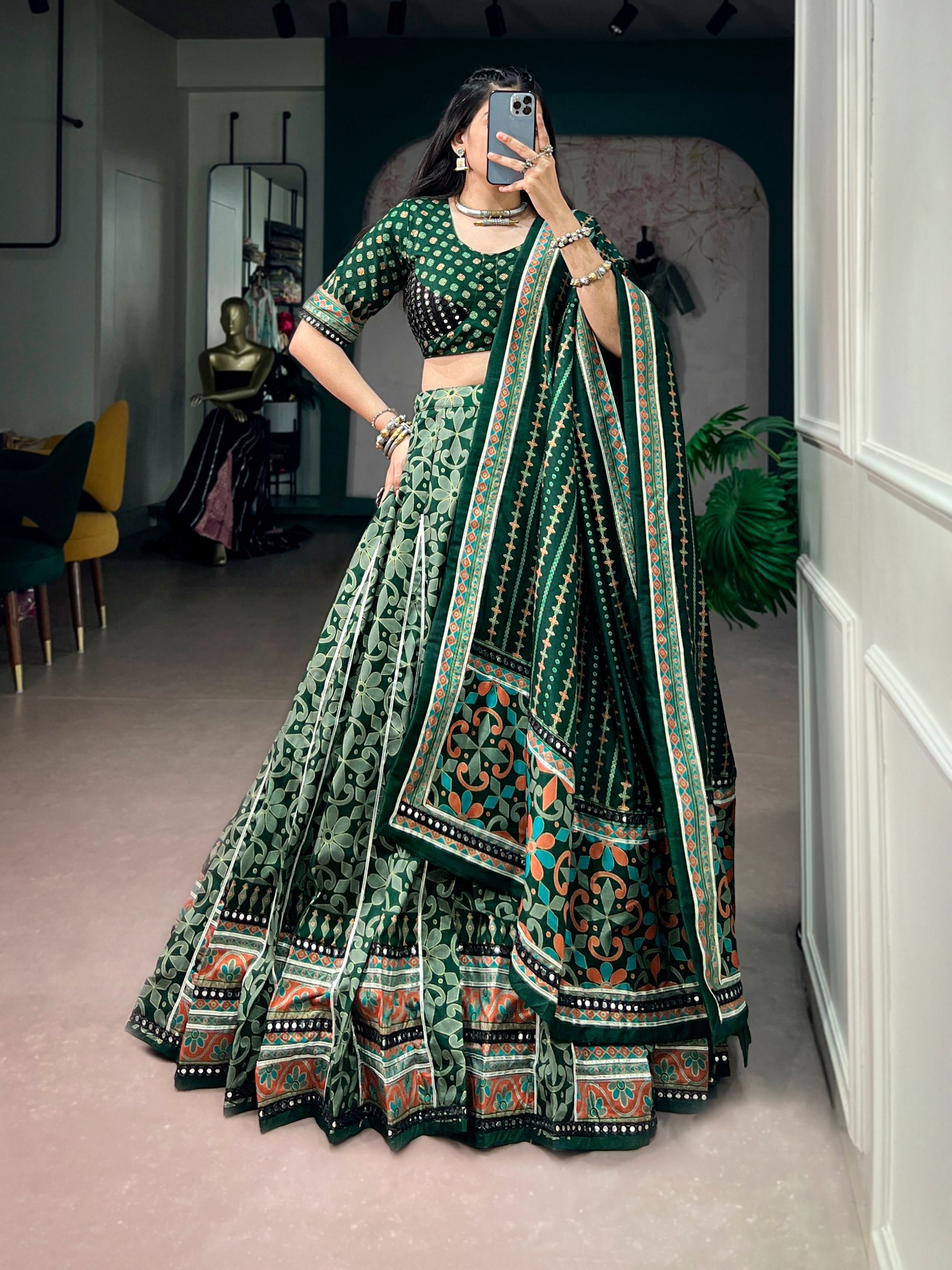Model wearing Bottle Green Tasar Silk With Iconic Sparkle With Lace Border Navratri Lehenga Choli Set by The Beauty Queen