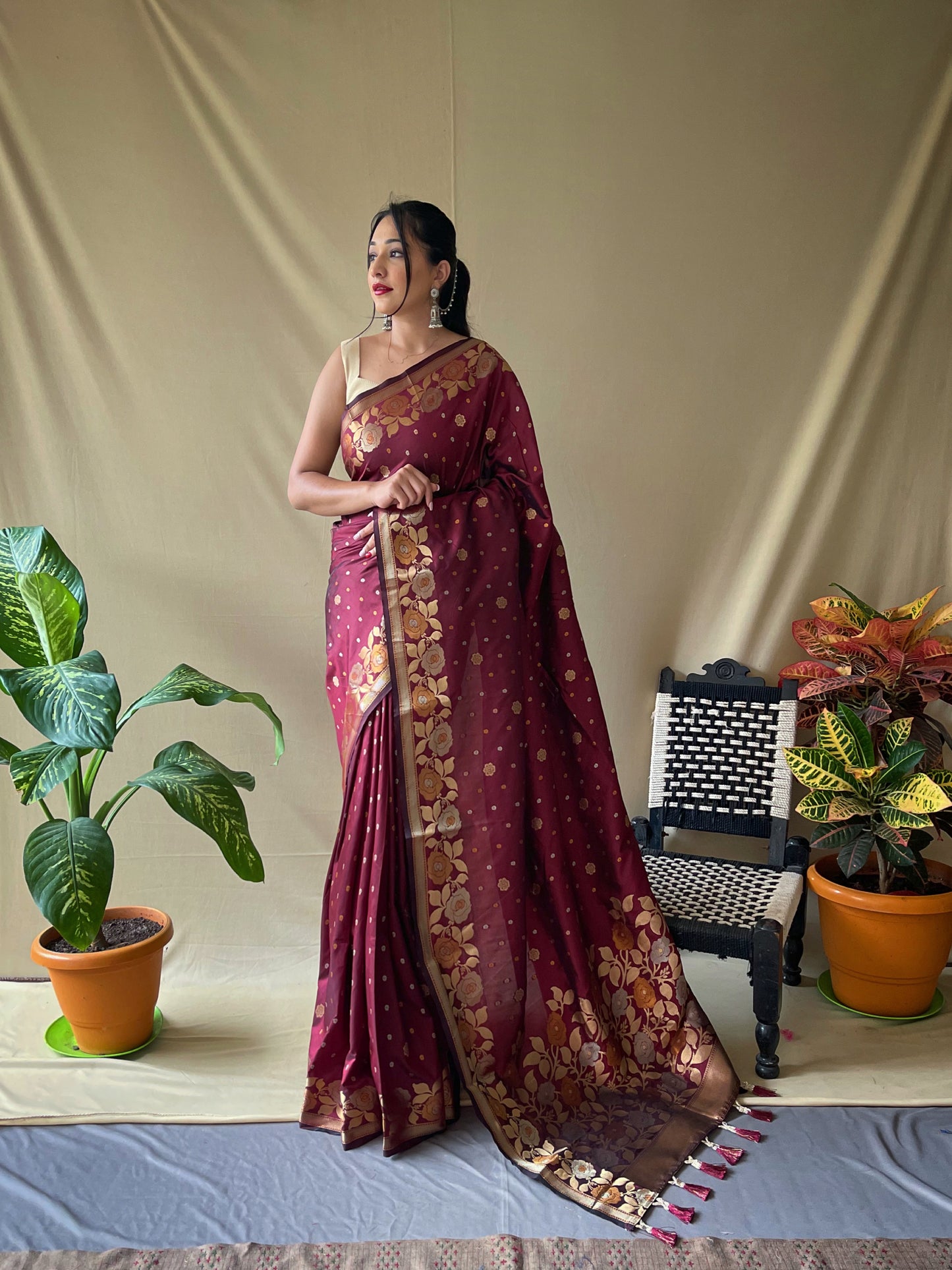 Brown Soft Silk Gold Zari Weaving All Over Having Rich Weaving Saree