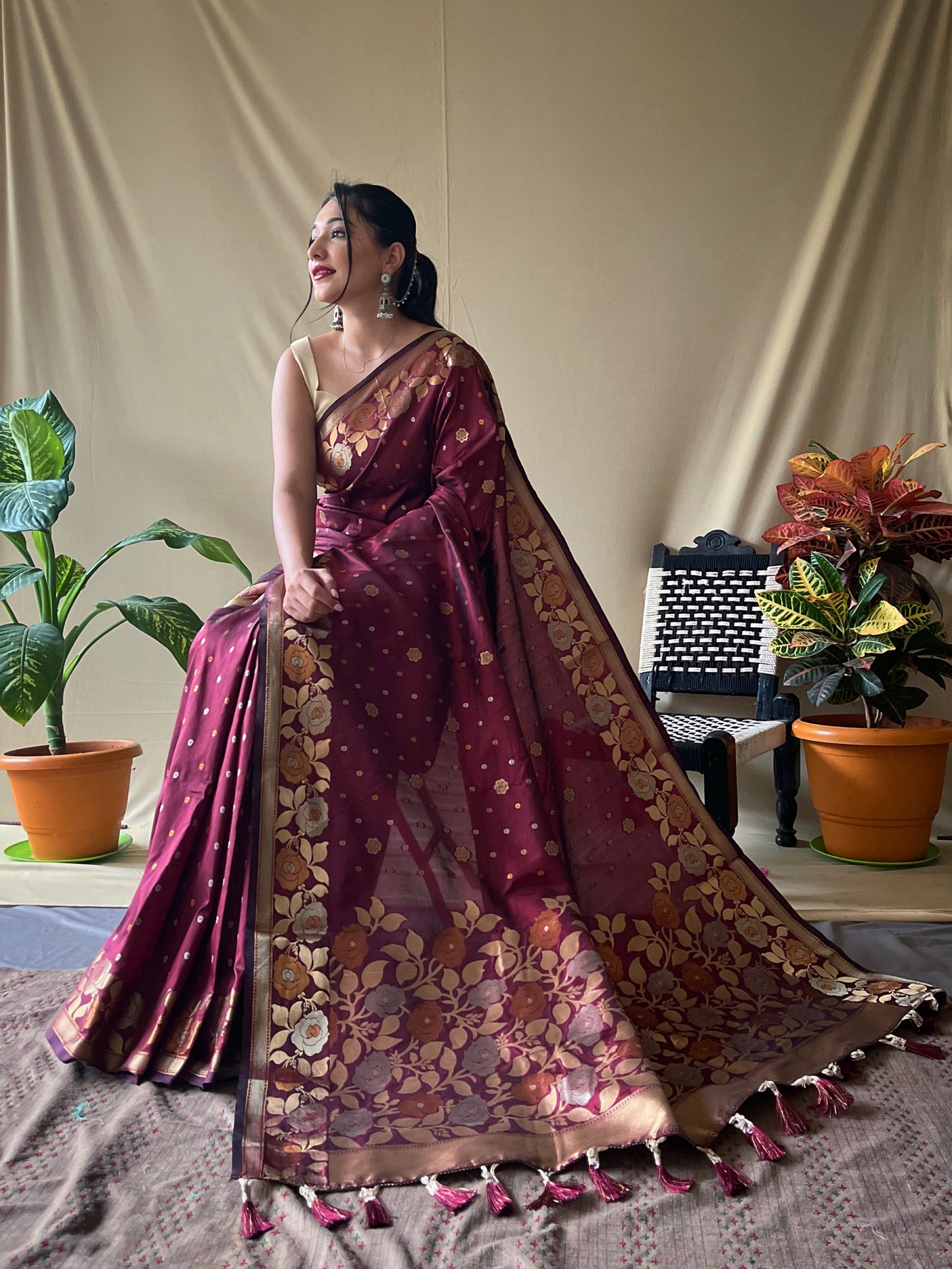 Brown Soft Silk Gold Zari Weaving All Over Having Rich Weaving Saree