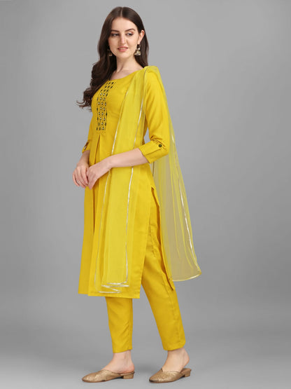 Yellow Cotton Embellished With Mirror Thread Work Salwar Suit