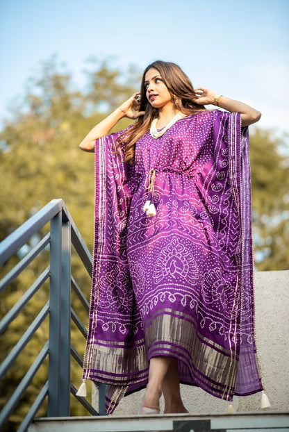 Wine Color Digital Bandhej Print Pure Gaji Silk Kaftan With Gota Patti Work Lace Border  Gown