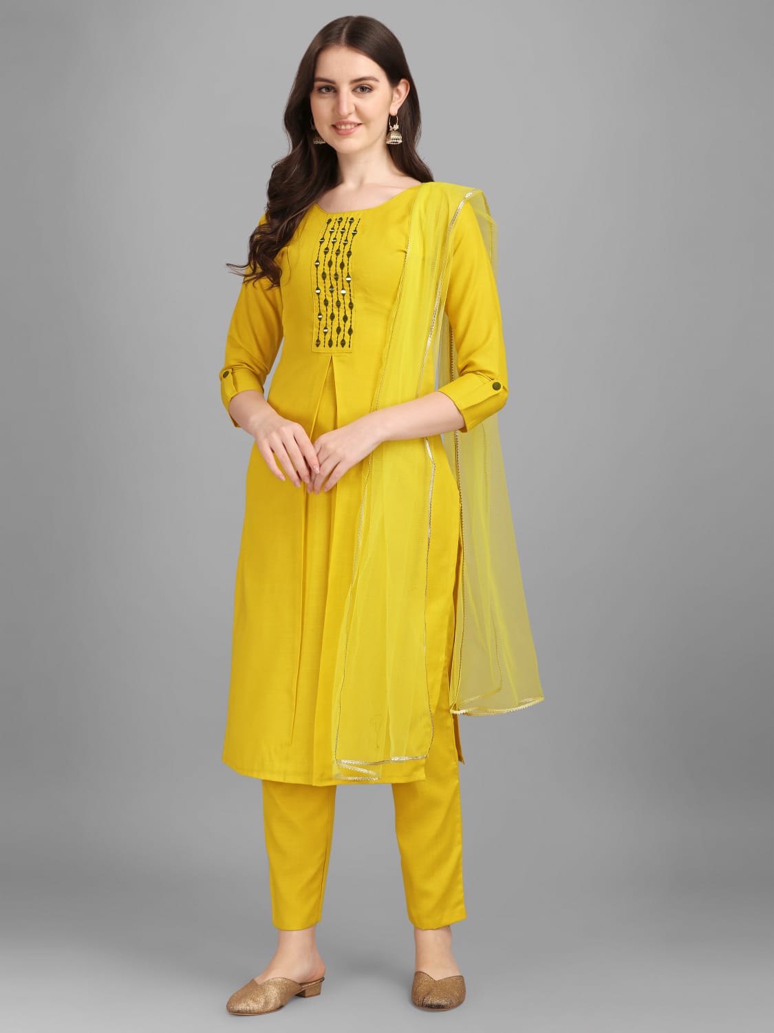 Yellow Cotton Embellished With Mirror Thread Work Salwar Suit