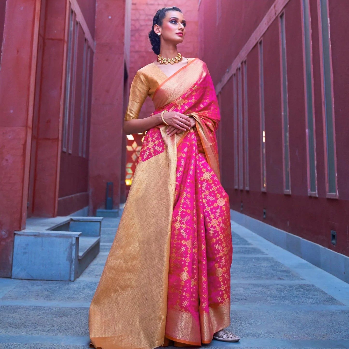 Charming Pink Colored Festive Wear Patola Woven Silk Saree