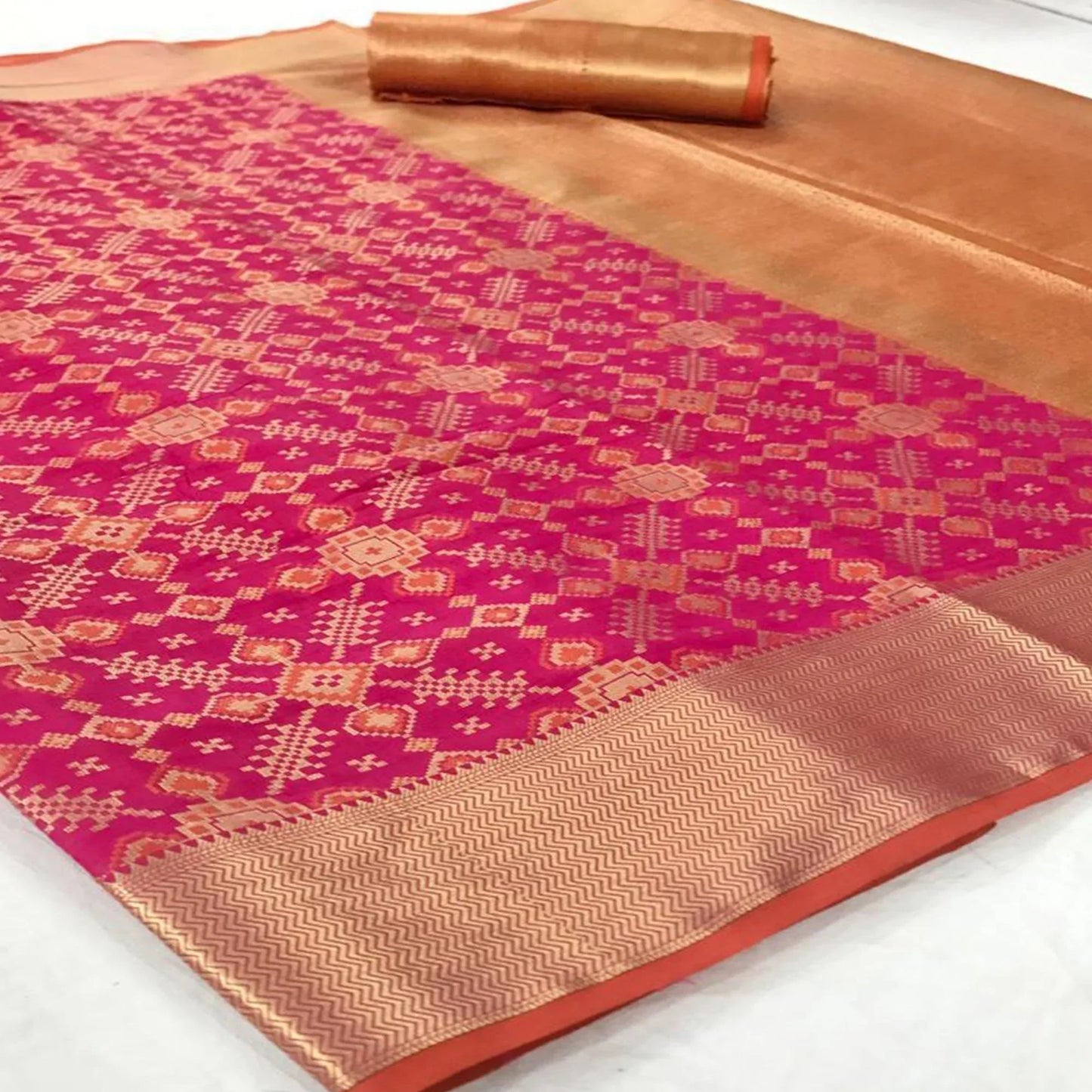 Charming Pink Colored Festive Wear Patola Woven Silk Saree