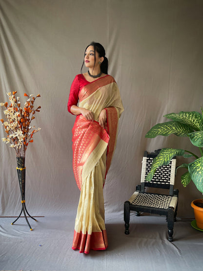 Cream Soft Linen Weaving Sarees With Contrast Weaving Border And Pallu. Paired With Contrast Unstitched Blouse.