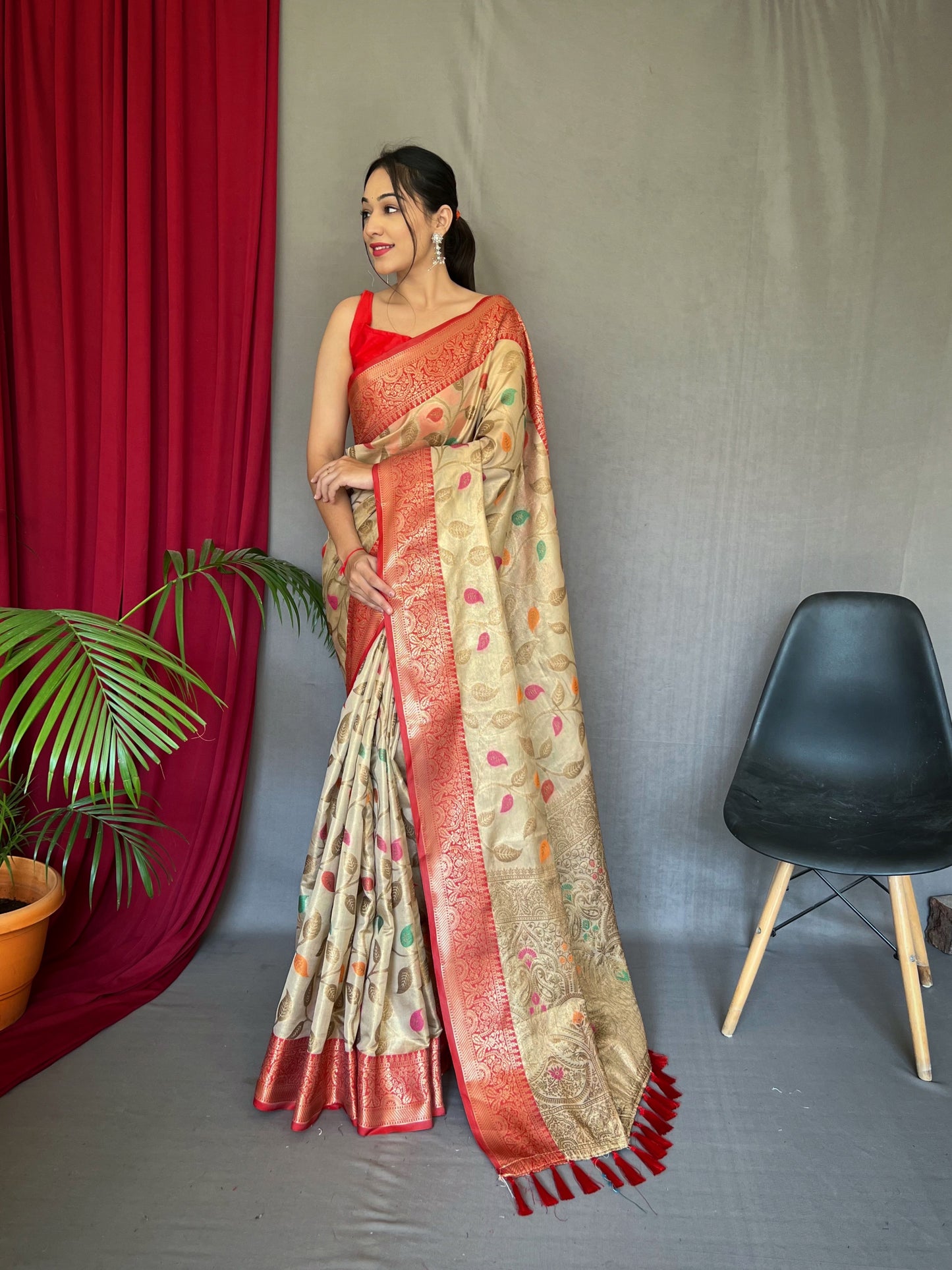 Cream Color Pure Tissue Silk Saree With Zari Weaving