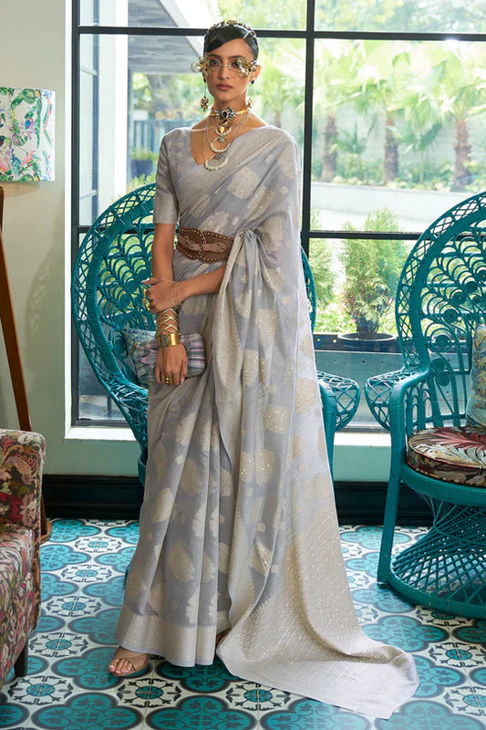 Metal Grey Woven-Sequence Handloom Silk Saree