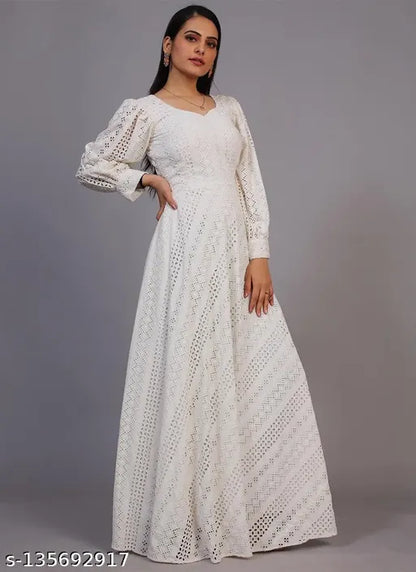 Off-white Lucknowi Embroidered Floor Length Designer  Gown