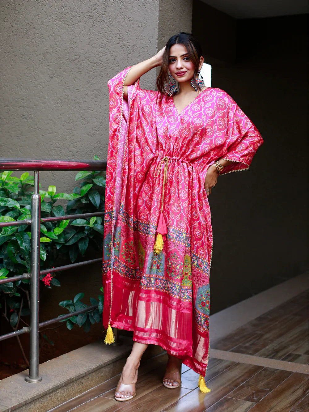 Pink Color Digital Print Pure Gaji Silk Kaftan