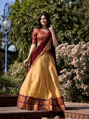 Cream Kanchipuram Silk Lehenga Choli with Traditional Gold Zari Weaving Work by The Beauty Queen Surat