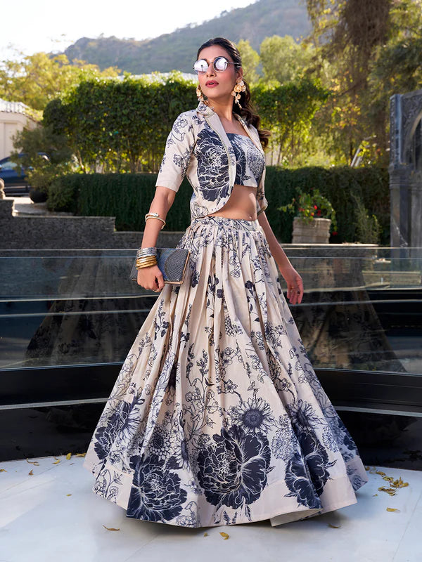 Elegant Cream Tasar Silk Floral Print Lehenga with Heavy Can-Can Flair by The Beauty Queen Surat