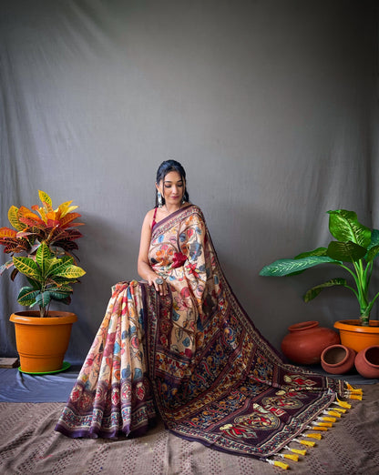 Cream Cotton Kalamkari Digital Printed Beautiful Saree