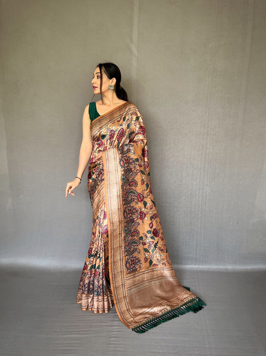 Cream Diva Soft Silk Saree With Kalamkari Fusion Print