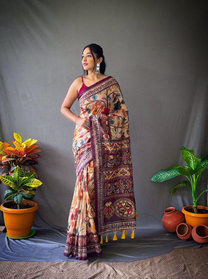 Cream Color Cotton Kalamkari Printed Saree