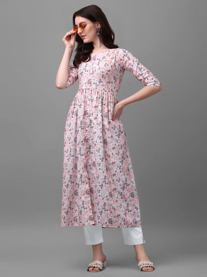 EXCLUSIVE BABY PINK FLORAL PLEATED KURTA WITH PANT