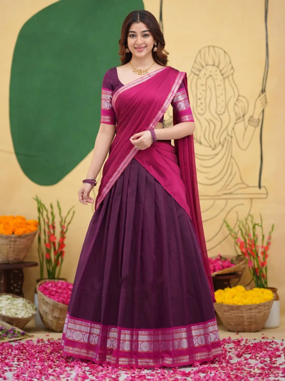 Deep Eggplant Purple and Bright Pink Kanci Cotton Silk Silver Zari Weaving Work South Indian Half Saree Langa Voni Set flat lay view by The Beauty Queen