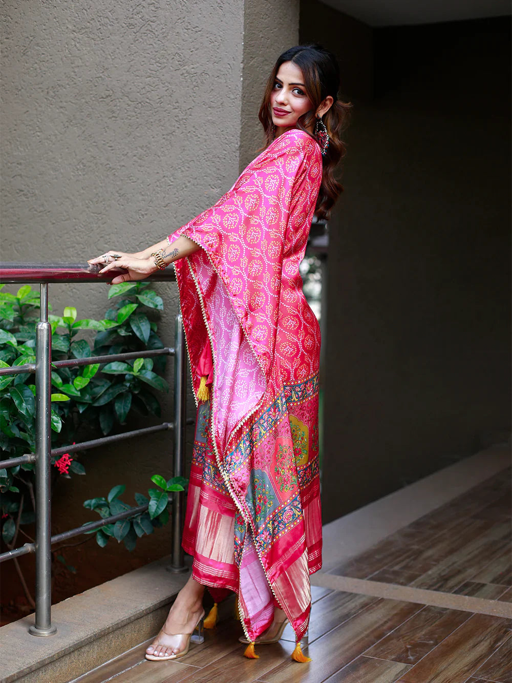 Pink Color Digital Print Pure Gaji Silk Kaftan