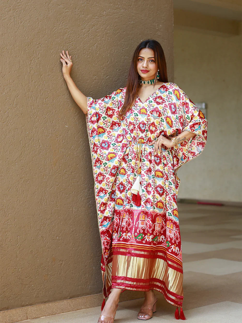 White Color Bandhej Digital Print Pure Gaji Silk Kaftan