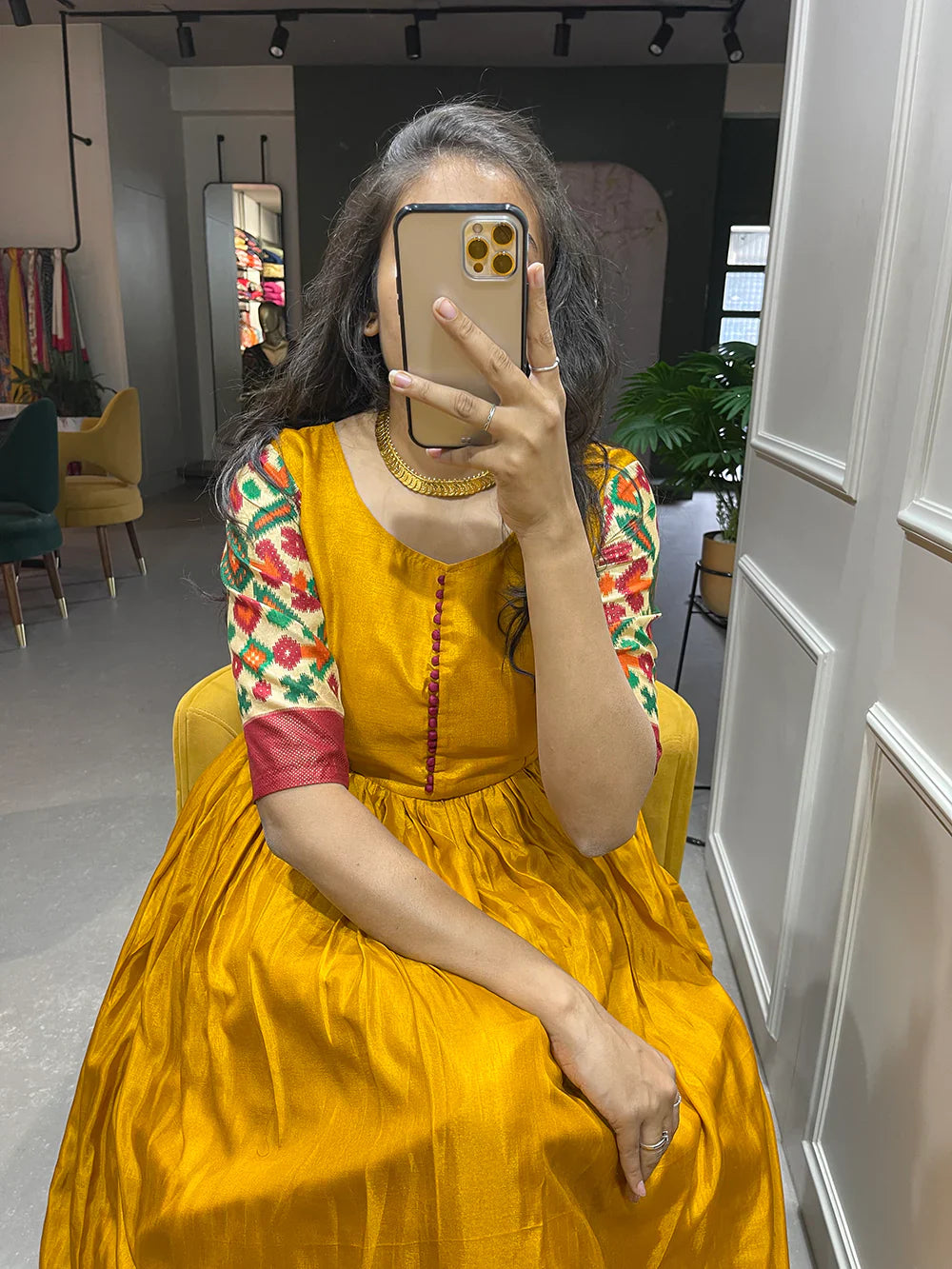 Yellow Color Foil Printed Dola Silk Gown