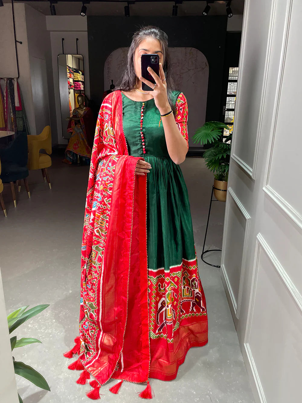 Green Color Patola And Foil Printed Dola Silk Gown