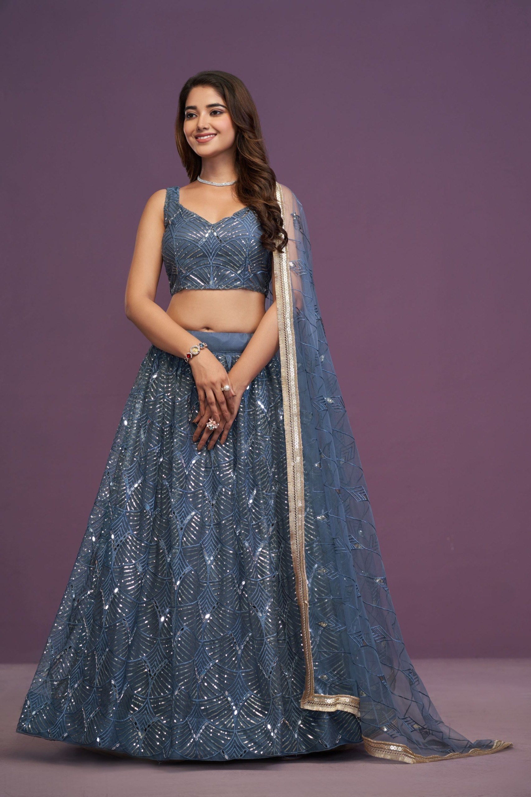 Dusty Blue Net Zari Sequin Embroidery With Real Mirror Lehenga Choli Set With Dupatta By The Beauty Queen