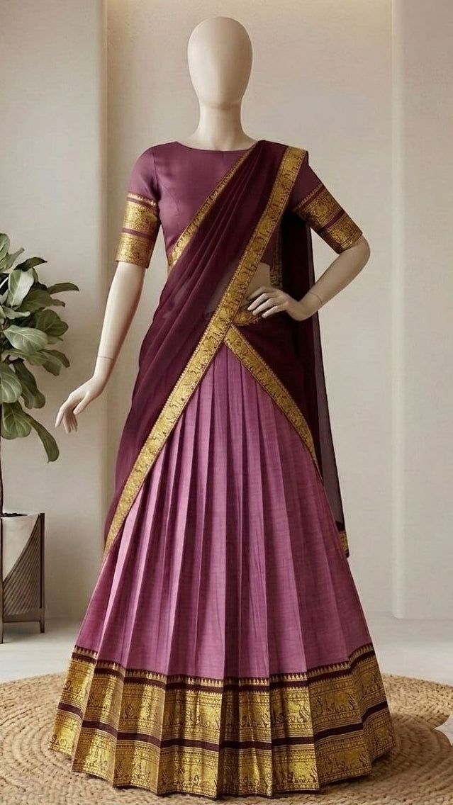 Dusty Pink and Dark Wine Kanci Cotton Zari Weaving Work South Indian Half Saree Langa Voni Set flat lay view by The Beauty Queen
