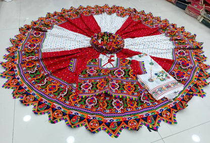 Red White Pure Heavy Rayon Cotton With Bandhani Print And Real Mirror Work Navratri Lehenga Choli