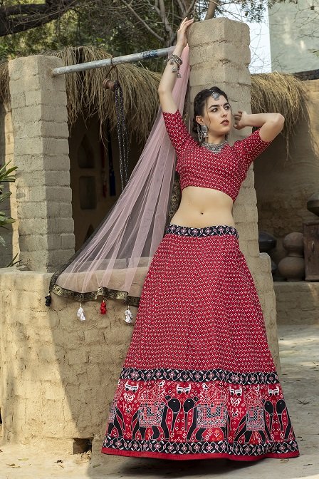 Red Color Printed Art Silk Lehenga Choli With Dupatta