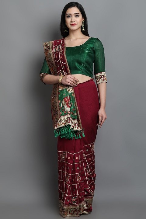 Patola Silk Saree | Dark Red Maroon, Bottle Green Panetar Wedding Saree | Doli Design Saree