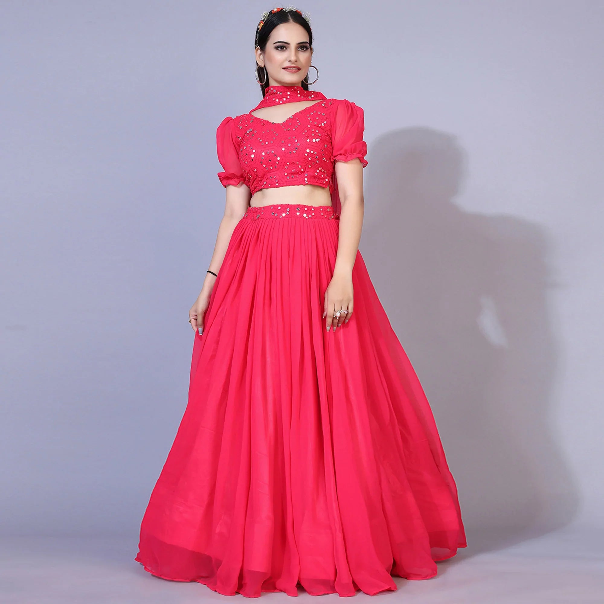 Pink Mirror Work Embroidered Georgette Lehenga Choli