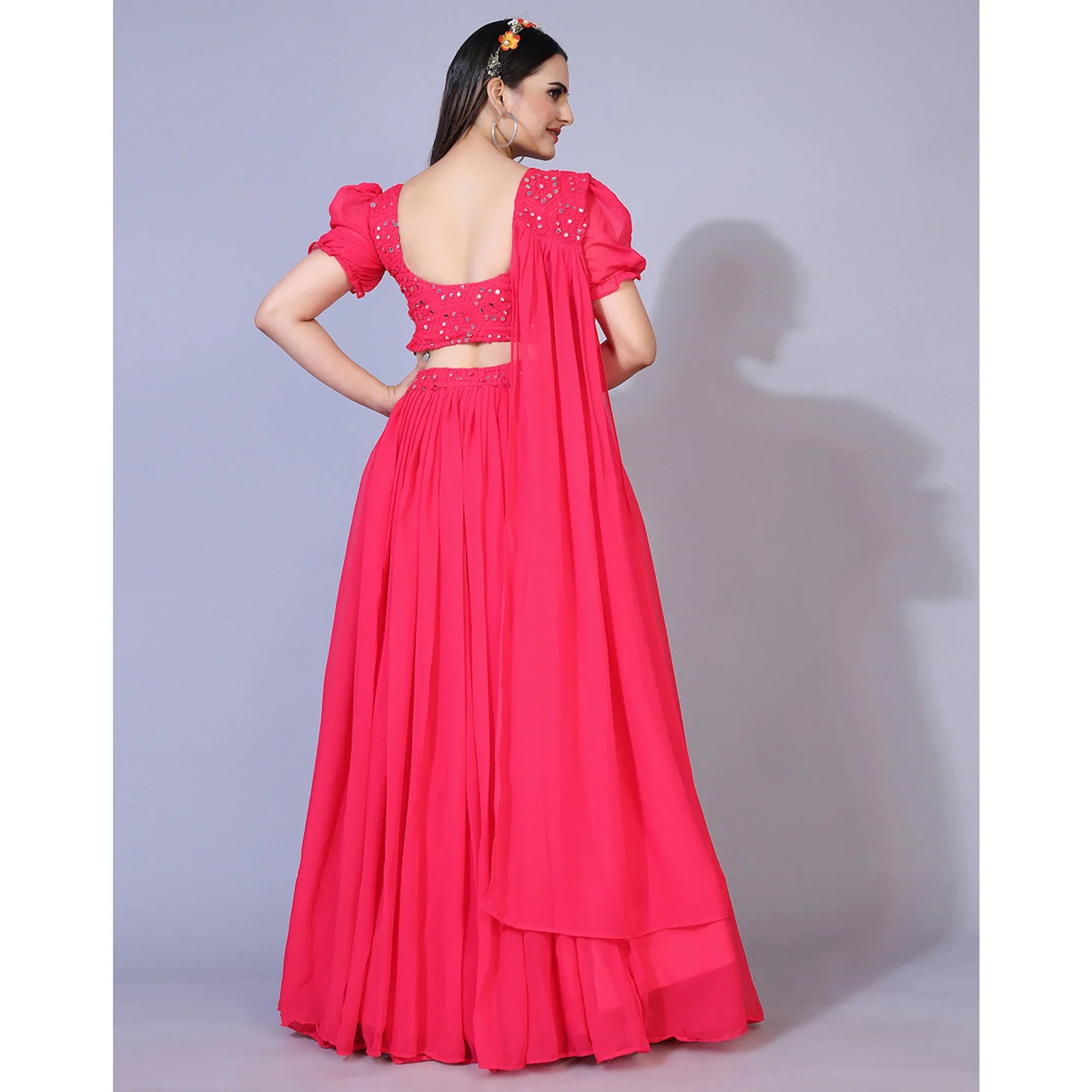 Pink Mirror Work Embroidered Georgette Lehenga Choli
