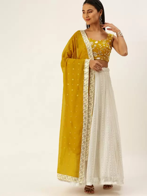 Yellow And White Georgette Sequins And Embroidery Thread Work Lahenga Choli