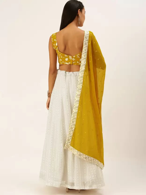 Yellow And White Georgette Sequins And Embroidery Thread Work Lahenga Choli