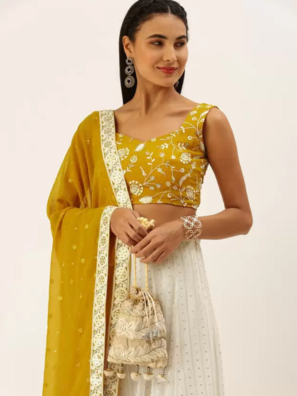 Yellow And White Georgette Sequins And Embroidery Thread Work Lahenga Choli