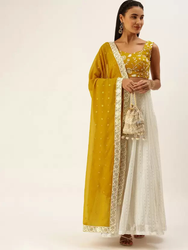 Yellow And White Georgette Sequins And Embroidery Thread Work Lahenga Choli