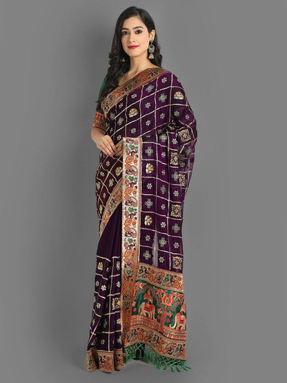 Purpal And Green Beautiful Designer Panetar Silk Saree