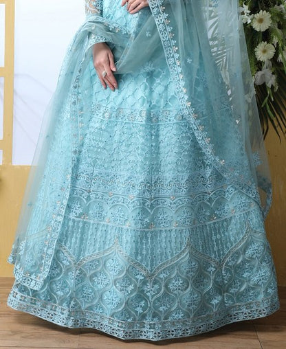 Sky Blue Thread Embroidered with Net Lehenga Choli Set